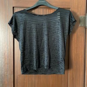 Super Soft Sheer Mesh Patterned Black Stripe Boxy Cap Sleeve Tee